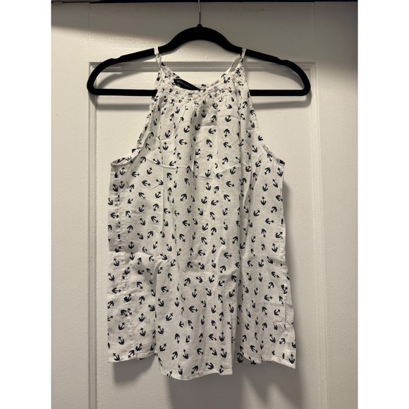 Banana Republic Womens Small White Navy Blue Anchor Print Halter Tank Top Blouse - Picture 2 of 3